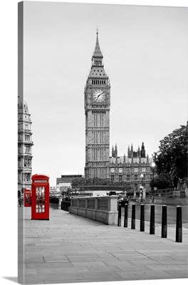 A Red Phone In London And Big Ben In Black And White