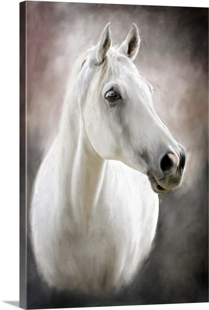 A photograph stylized as a painted portrait of a white horse.