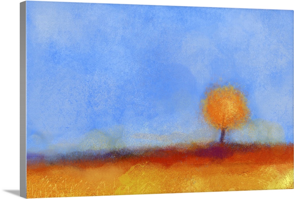 Abstract landscape, tree and field, originally an oil painting. Yellow, orange, red color and blue sky of falling season.