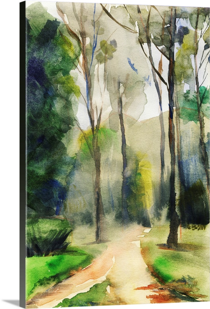 Abstract landscape with trees and walkway. Originally a watercolor illustration in sketch style.