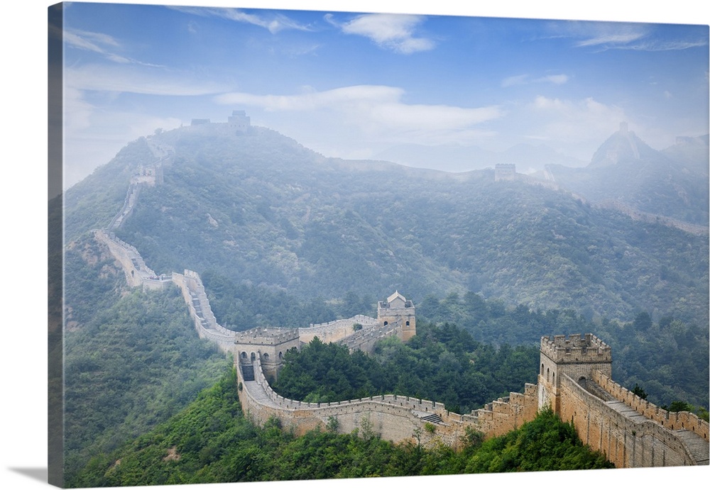 Aerial view of great wall of China in fog in Jinshanling, Hebei Province, China.