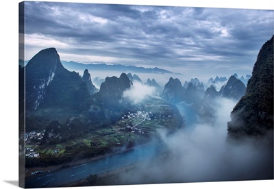 Aerial View Of Guilin City, River And Mountains In Fog, China, Asia