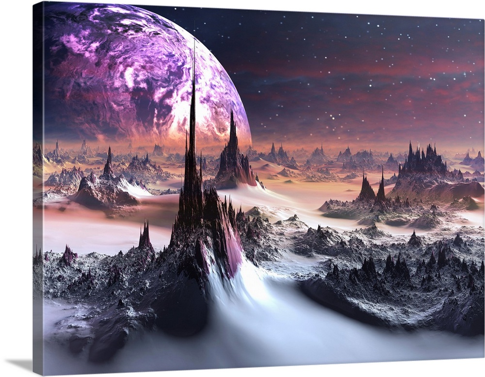 View across a snow swept landscape with huge needle rock mountains to a purple water planet in orbit above.