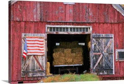 American Flag Hanging From A Barn Door