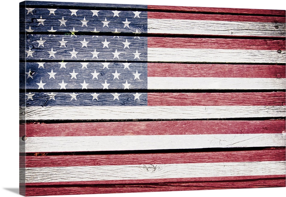 American flag painted on old wood plank background.