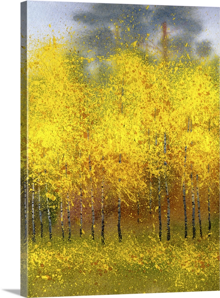 Watercolor landscape of autumn foliage in a birch forest.