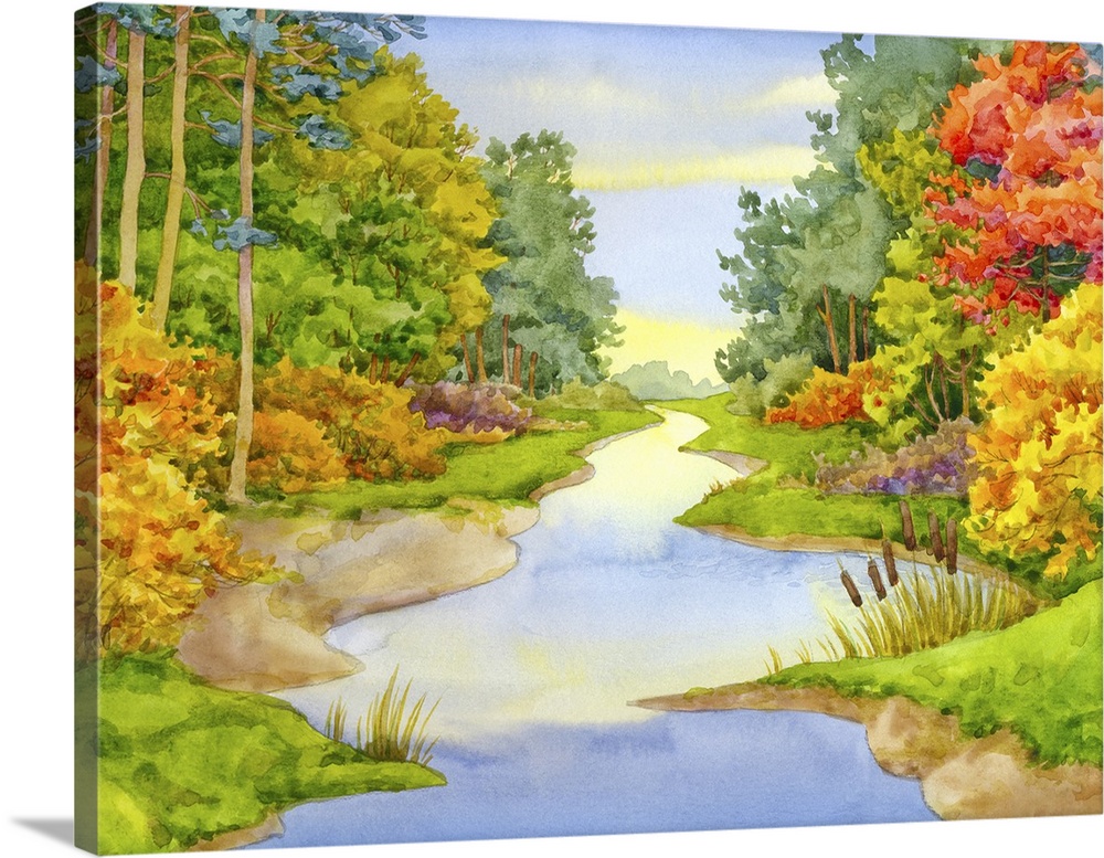 Originally a watercolor landscape. Sinuous stream flows in a colorful autumn forest.
