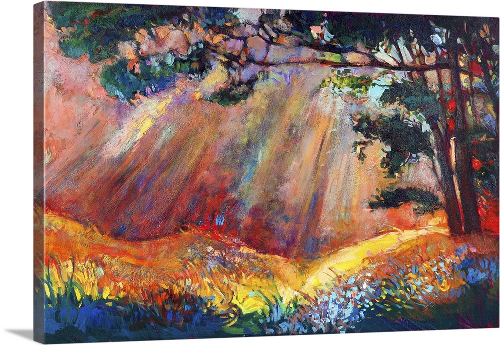 Originally an oil painting of a beautiful sunset landscape. Autumn forest and sky. Modern impressionism.
