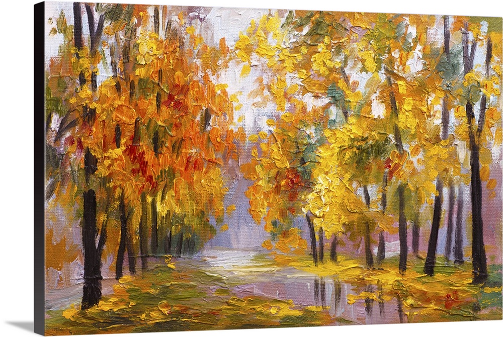 Originally an oil painting landscape of an autumn forest. Full of fallen leaves.
