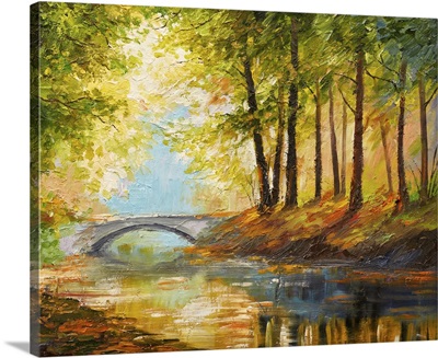 Autumn Forest Near The River With Orange Leaves