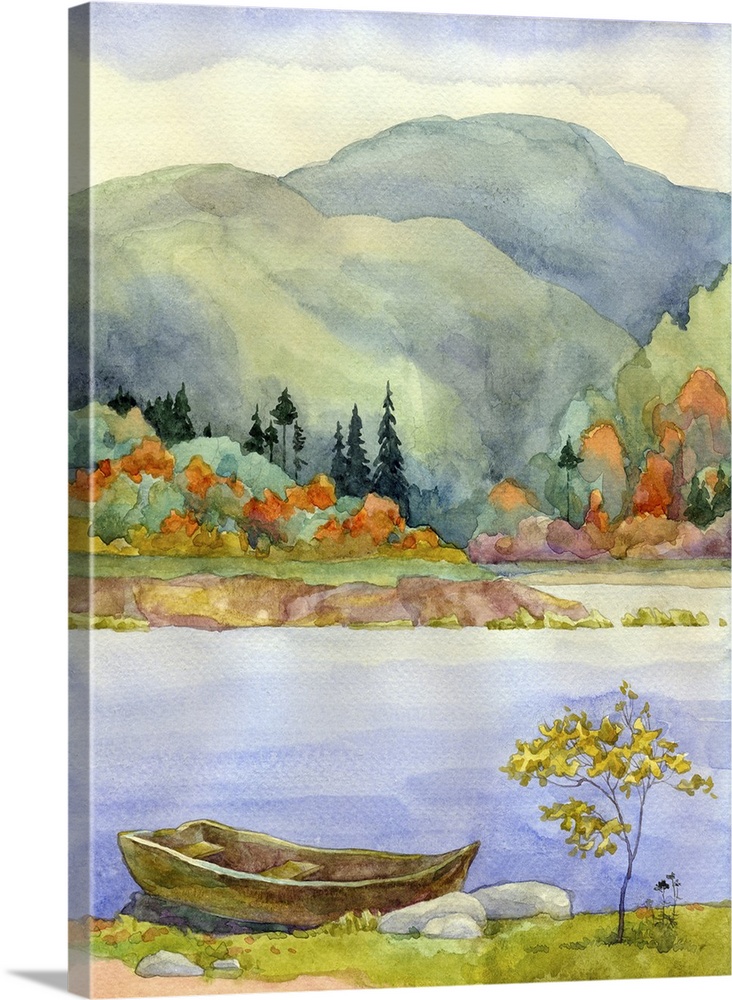 Watercolor landscape of an old boat on a lake.