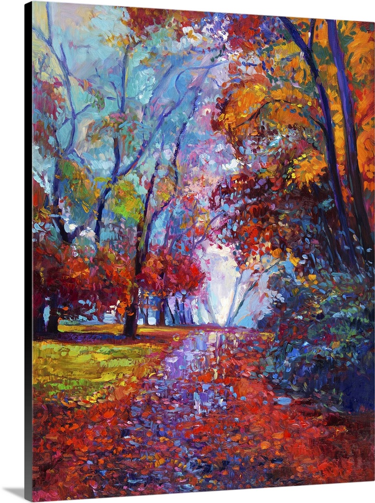 Originally an oil painting showing beautiful autumn forest on canvas. Modern impressionism.
