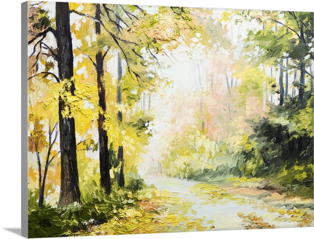 Originally an oil painting of an autumn landscape, road in a colorful forest.