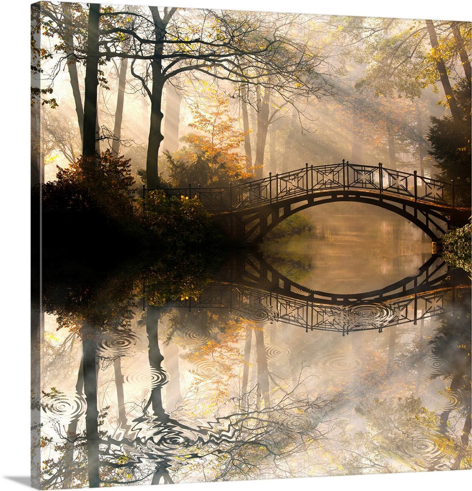 Old bridge in autumn misty park.