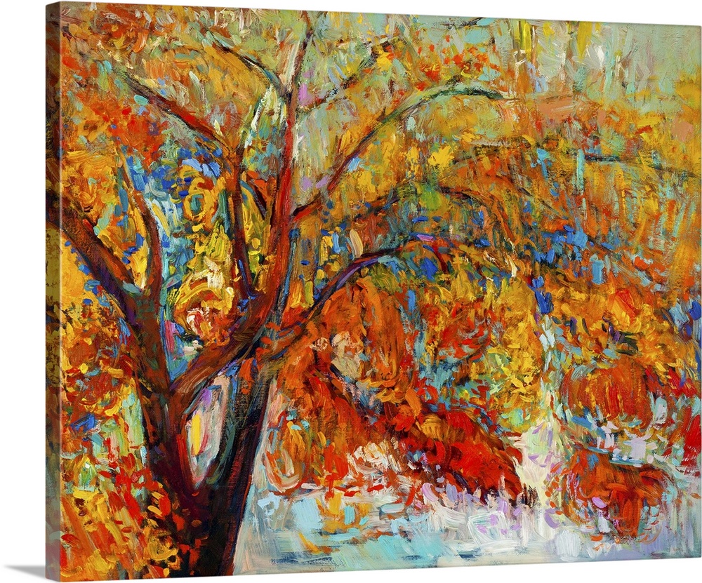 Originally an oil painting showing a beautiful autumn tree. Modern impressionism.