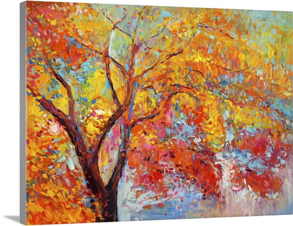 Originally an oil painting showing beautiful autumn tree on canvas. Modern impressionism.