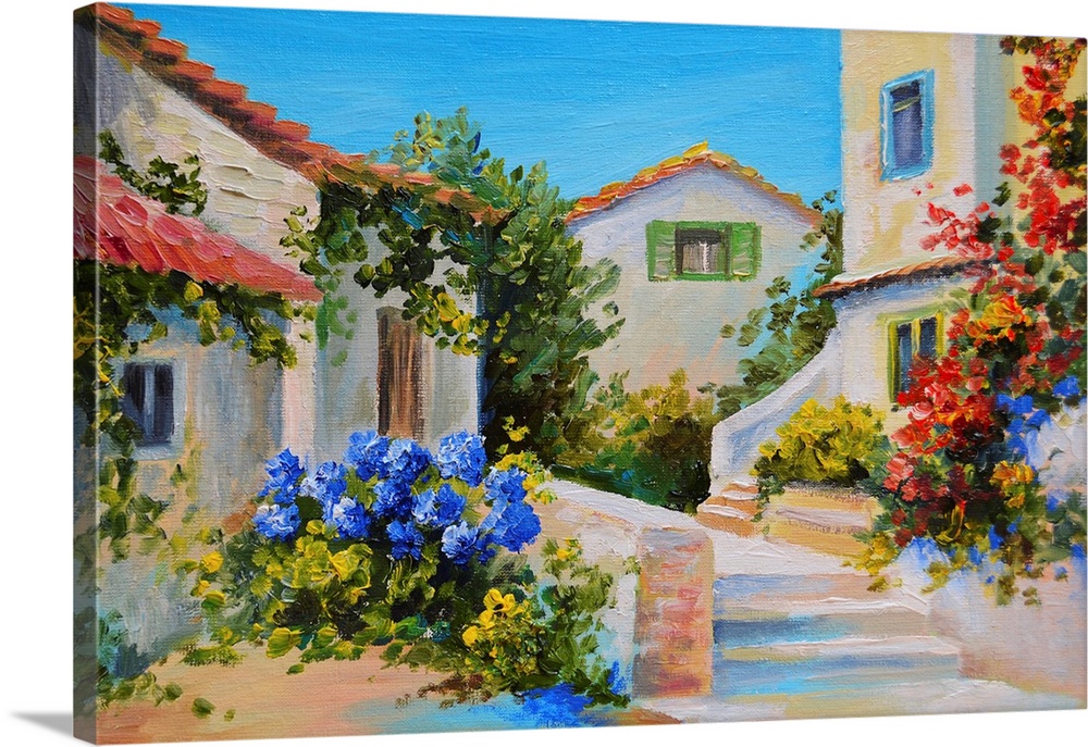 Originally an oil painting on canvas of beautiful houses near the sea.