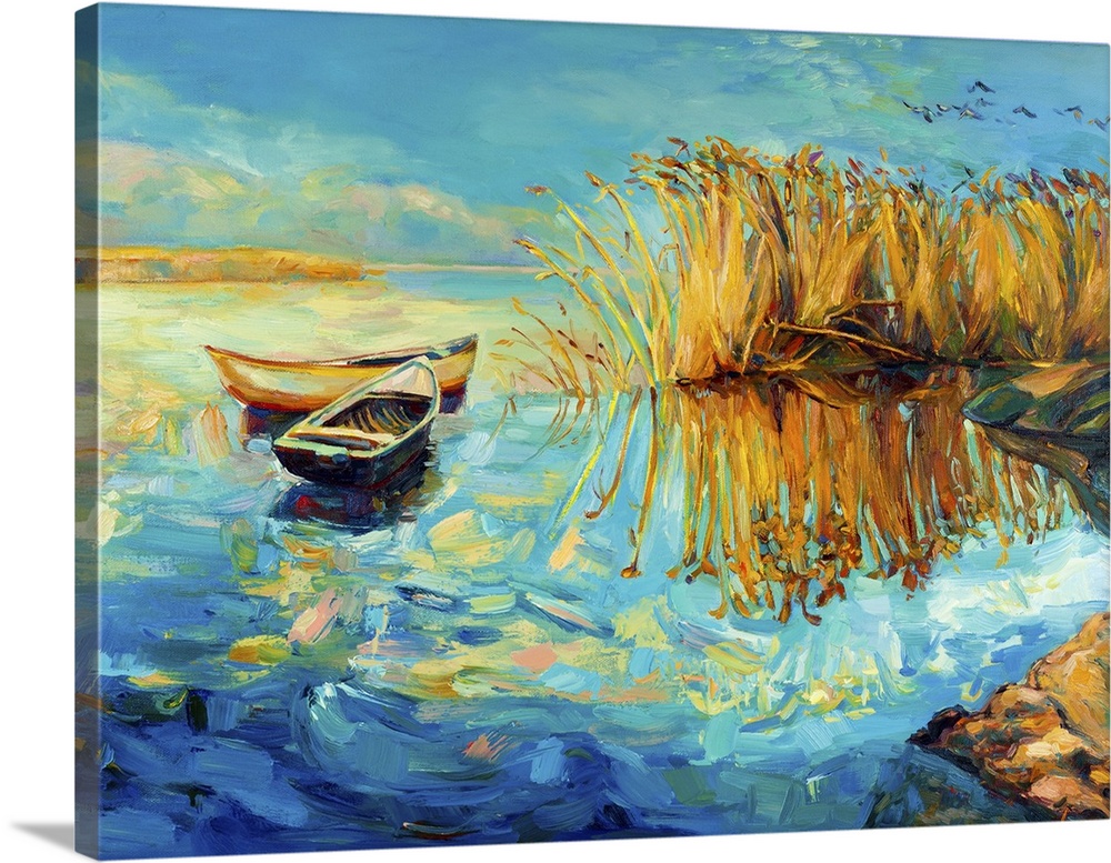 Originally an oil painting on canvas of boats and a beautiful lake.