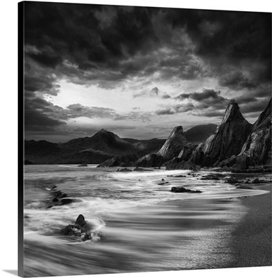 Beautiful Landscape Of Mountains And Sea At Sunset Black And White