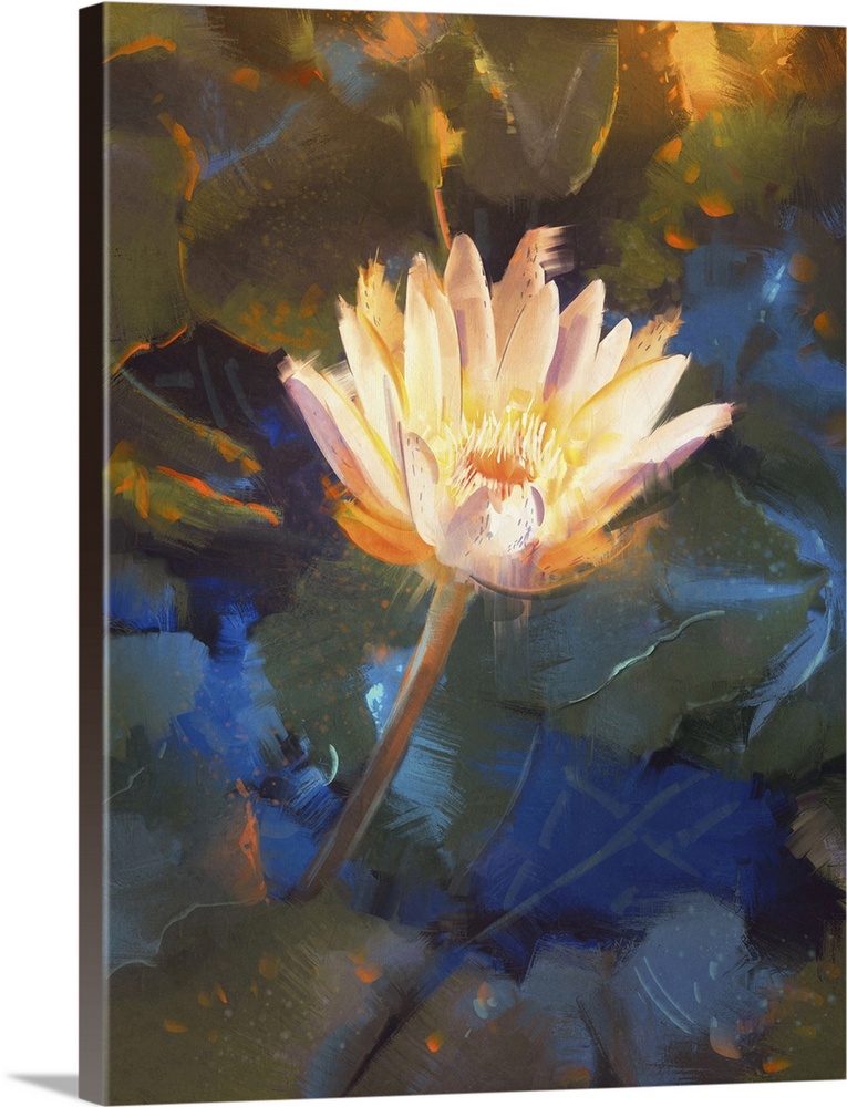 Painting of beautiful yellow lotus blossom, single waterlily flower blooming on pond.