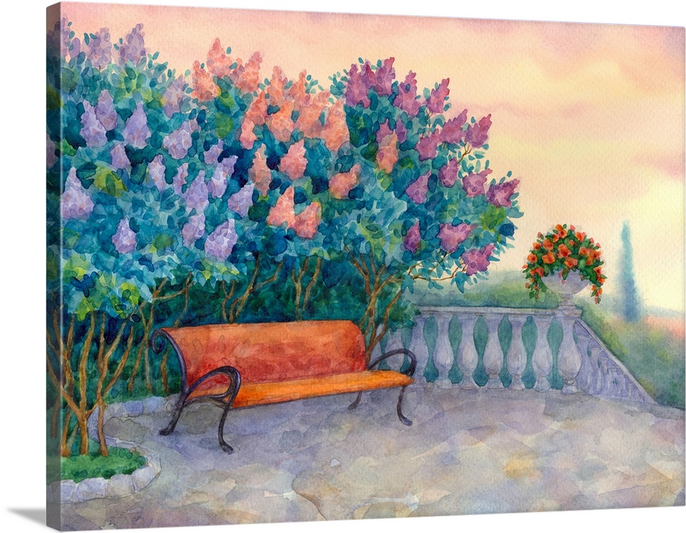 Watercolor landscape of a bench under a flowering lilac in a park in spring.