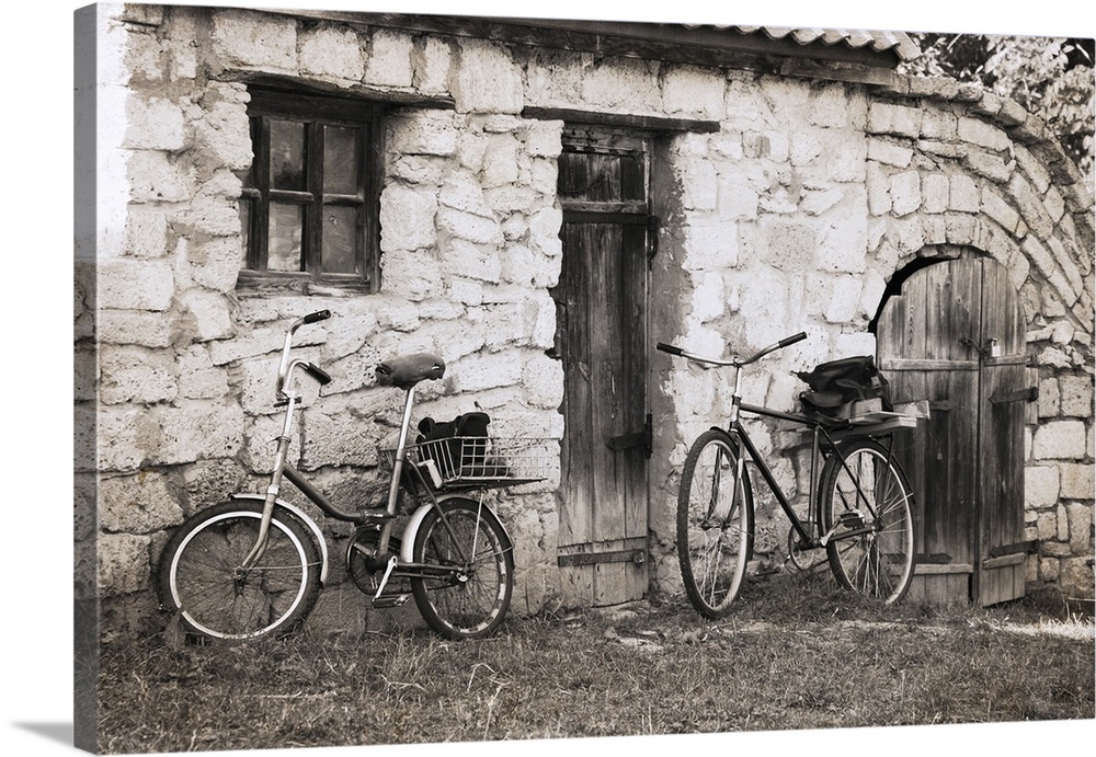 Artwork in vintage style, bicycles.