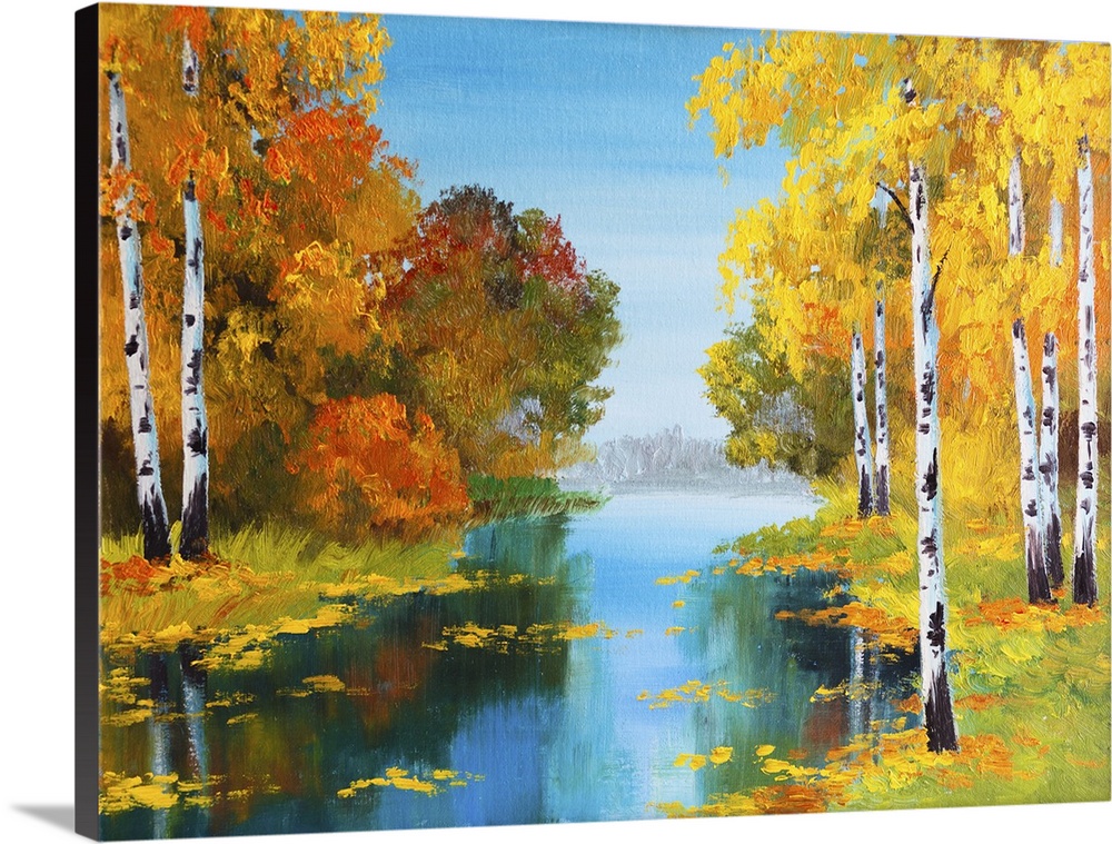 Originally an oil painting landscape of birch forest near the river.