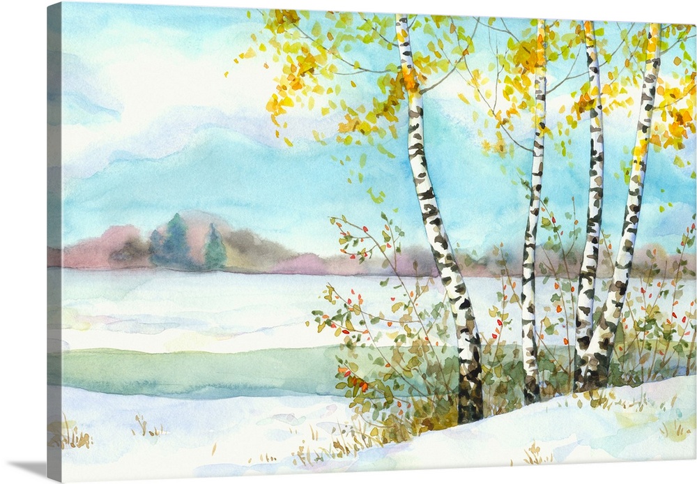 Watercolor landscape of a yellowing birch and wild rose in a snow-covered field near the river.