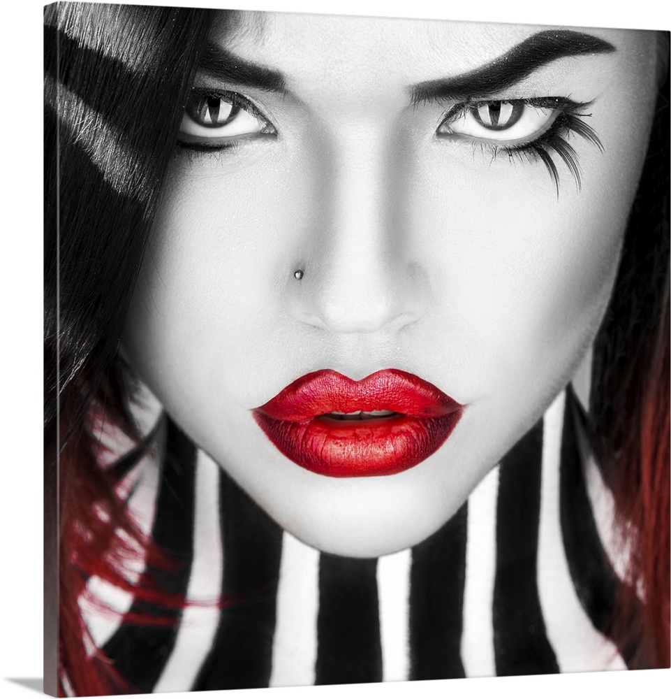 Black and white portrait of beauty woman with red lips in studio.