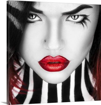 Black And White Portrait Of Beauty Woman With Red Lips