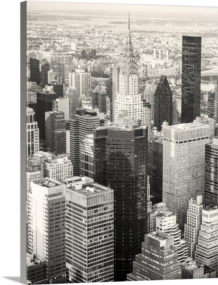 Black and white view of New York city including the Chrysler building.