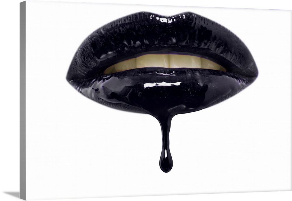 Close-up of black lip-gloss dripping from woman's lips over a white background.
