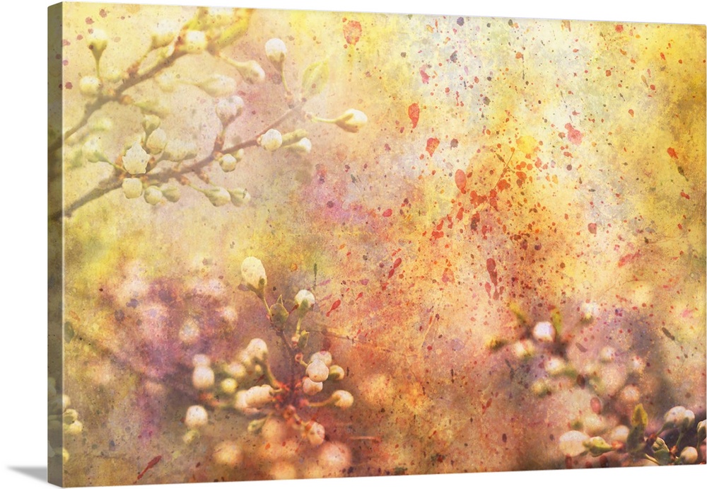 Artwork with blooming branches and watercolor splatter.