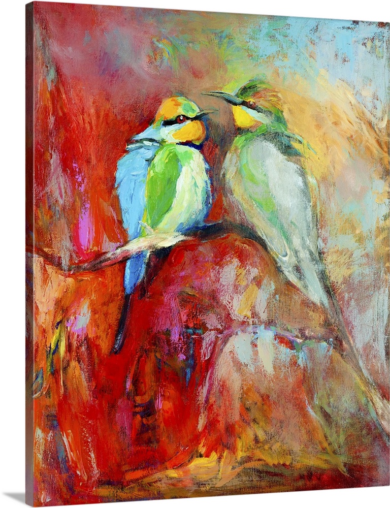 Originally an oil painting of blue tailed bee eaters, song birds on canvas. Modern impressionism.