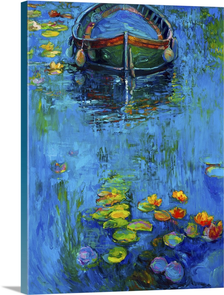 Originally an oil painting of boat and water lilies in river on canvas. Modern impressionism.