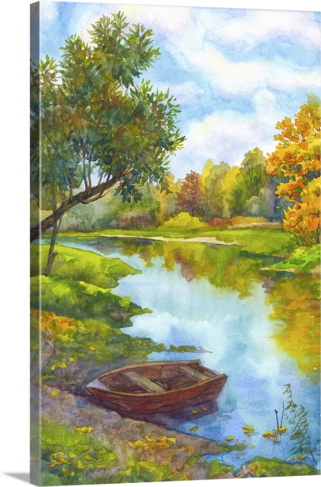 Watercolor landscape of an old boat near the shore of a small river.