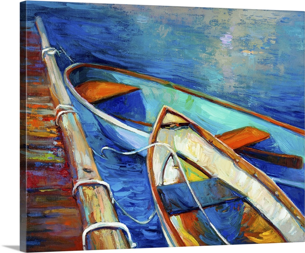 Originally an oil painting of boat and jetty (pier) on canvas. Sunset over ocean. Modern impressionism.