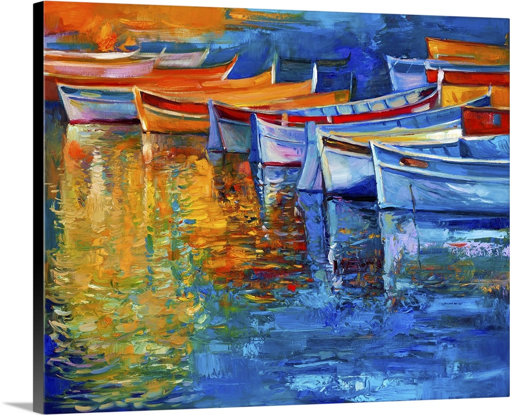 Originally oil painting of boats and jetty (pier) on canvas. Sunset over ocean. Modern impressionism.