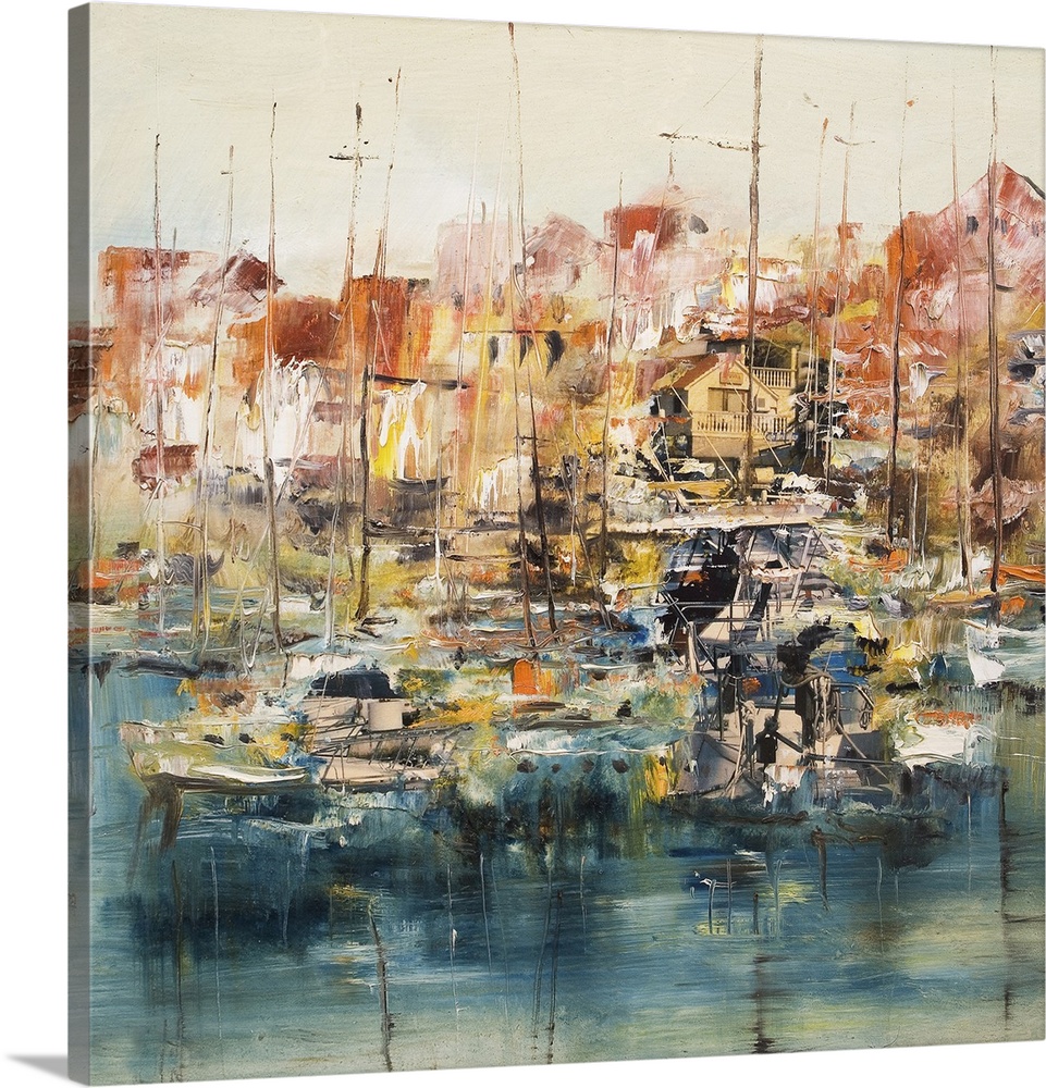Boats in the harbor, originally an oil painting with mixed media background.
