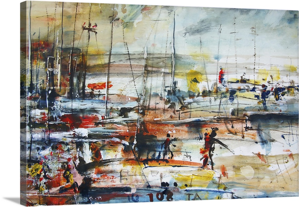 Boats in the harbor, originally an oil painting.