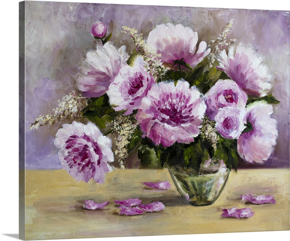 Originally oil paint on canvas of a bouquet of peonies in a glass vase.