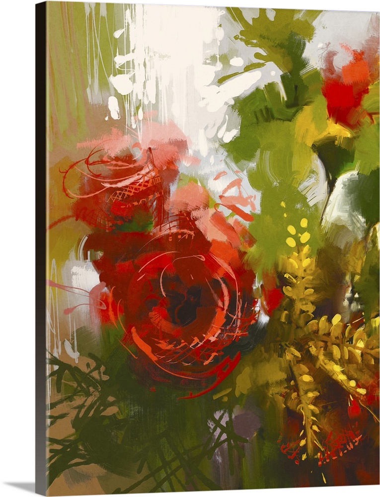 Bouquet of red roses in oil painting style, originally an illustration.