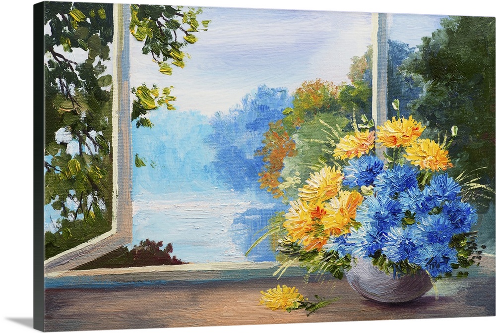 Bouquet of spring flowers on a table near the window, originally an oil painting.