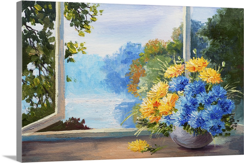 Bouquet of spring flowers on a table near the window. Originally an oil painting.