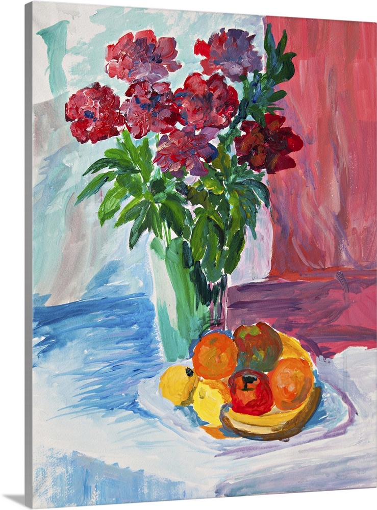 Bright summer still life with flowers and fruits. Originally an oil sketch.
