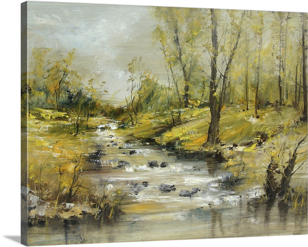 Brook with stones, originally an oil painting, artistic background.