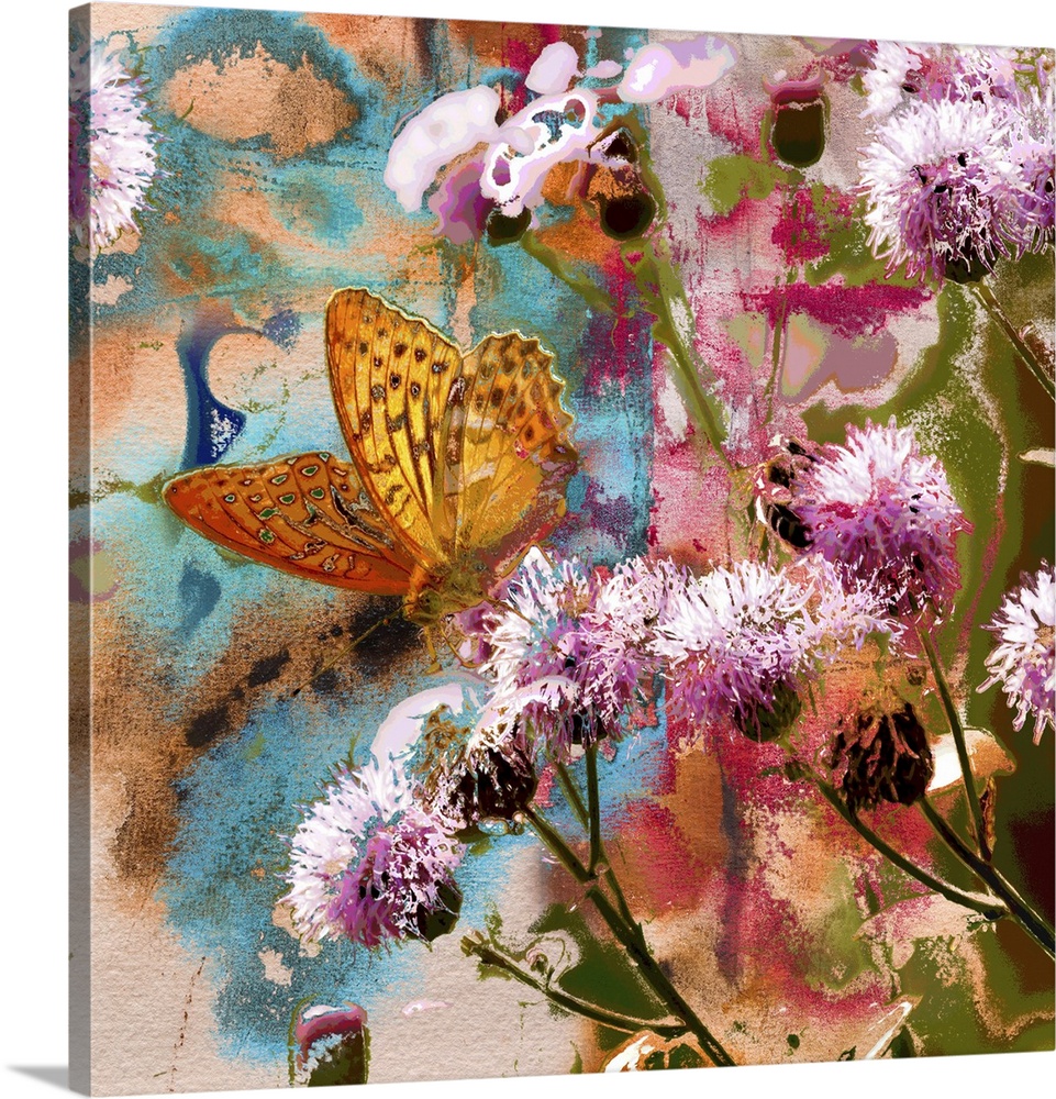 Butterfly on thistle flowers. Originally an abstract, mixed media painting on handmade paper.