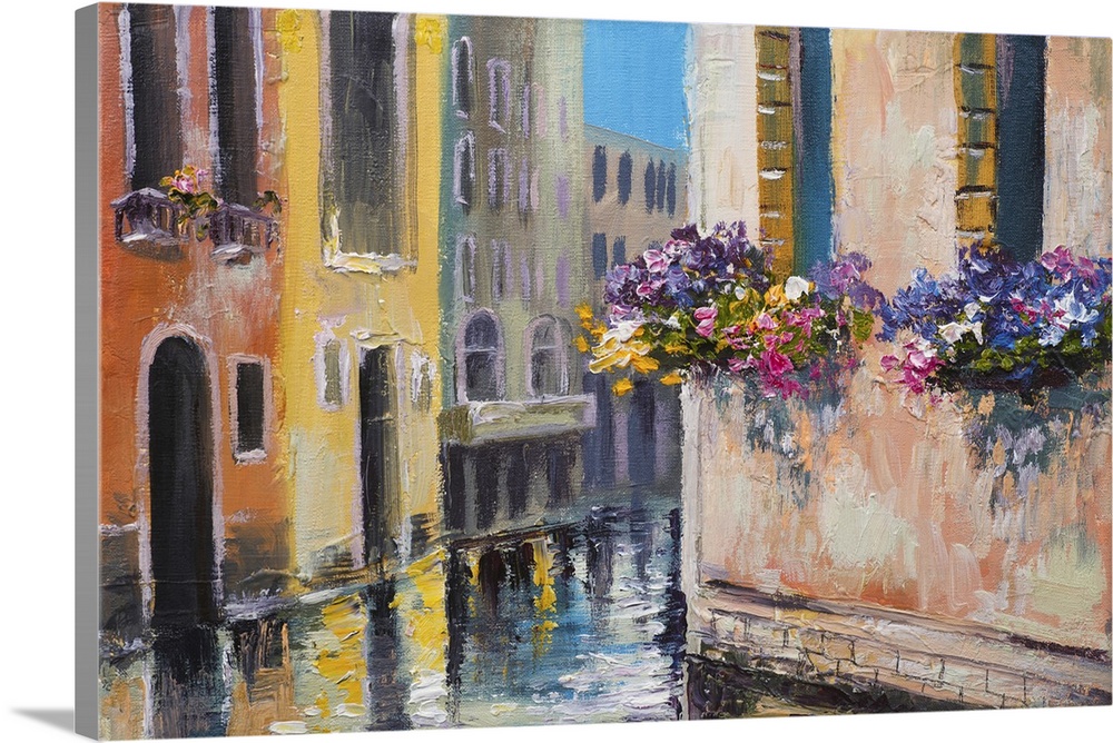 Originally an oil painting of a canal in Venice, Italy. Famous tourist place, colorful impressionism.