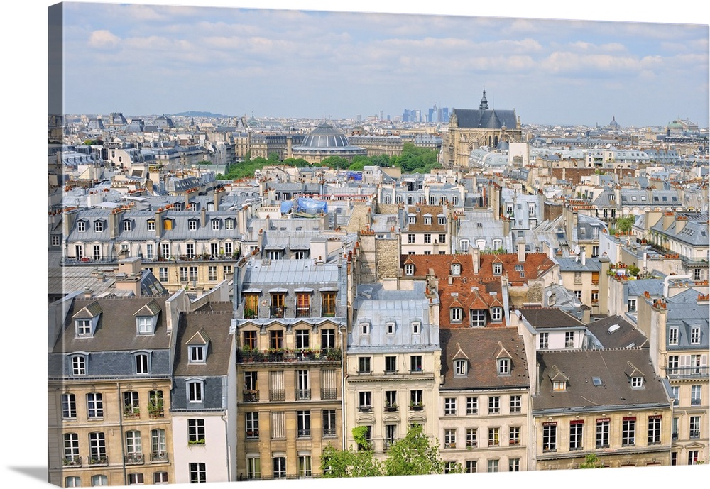 Aerial panorama above houses rooftops in a Paris.