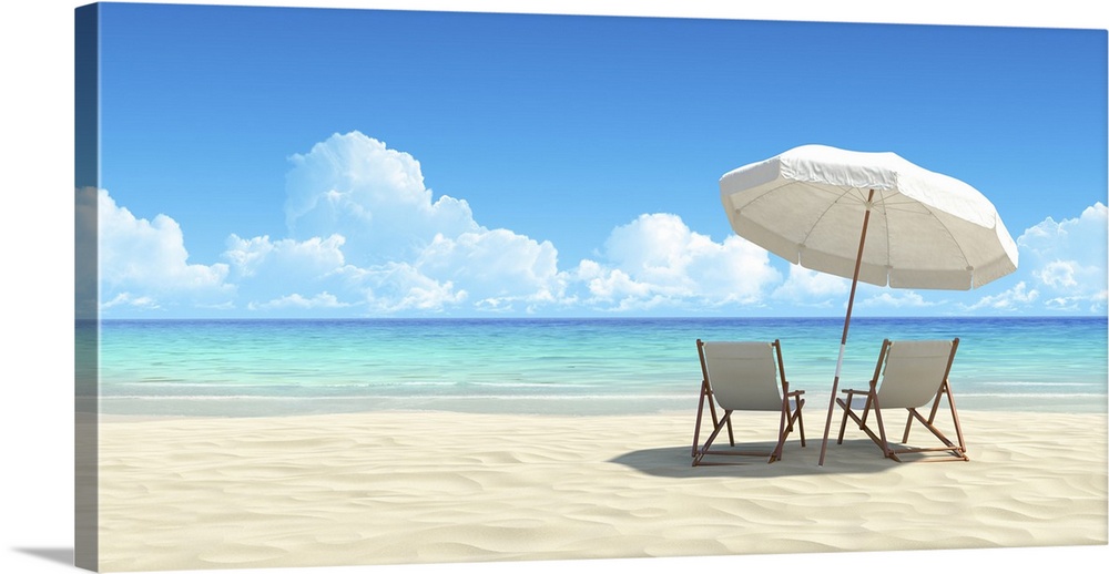 Beach chair and umbrella on sand beach. Concept for rest, relaxation, holidays, spa, resort.